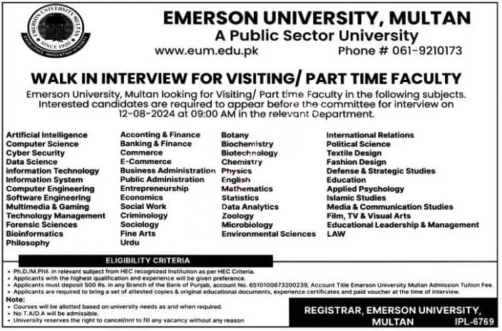 Emerson University Multan Jobs 2024|Online Apply