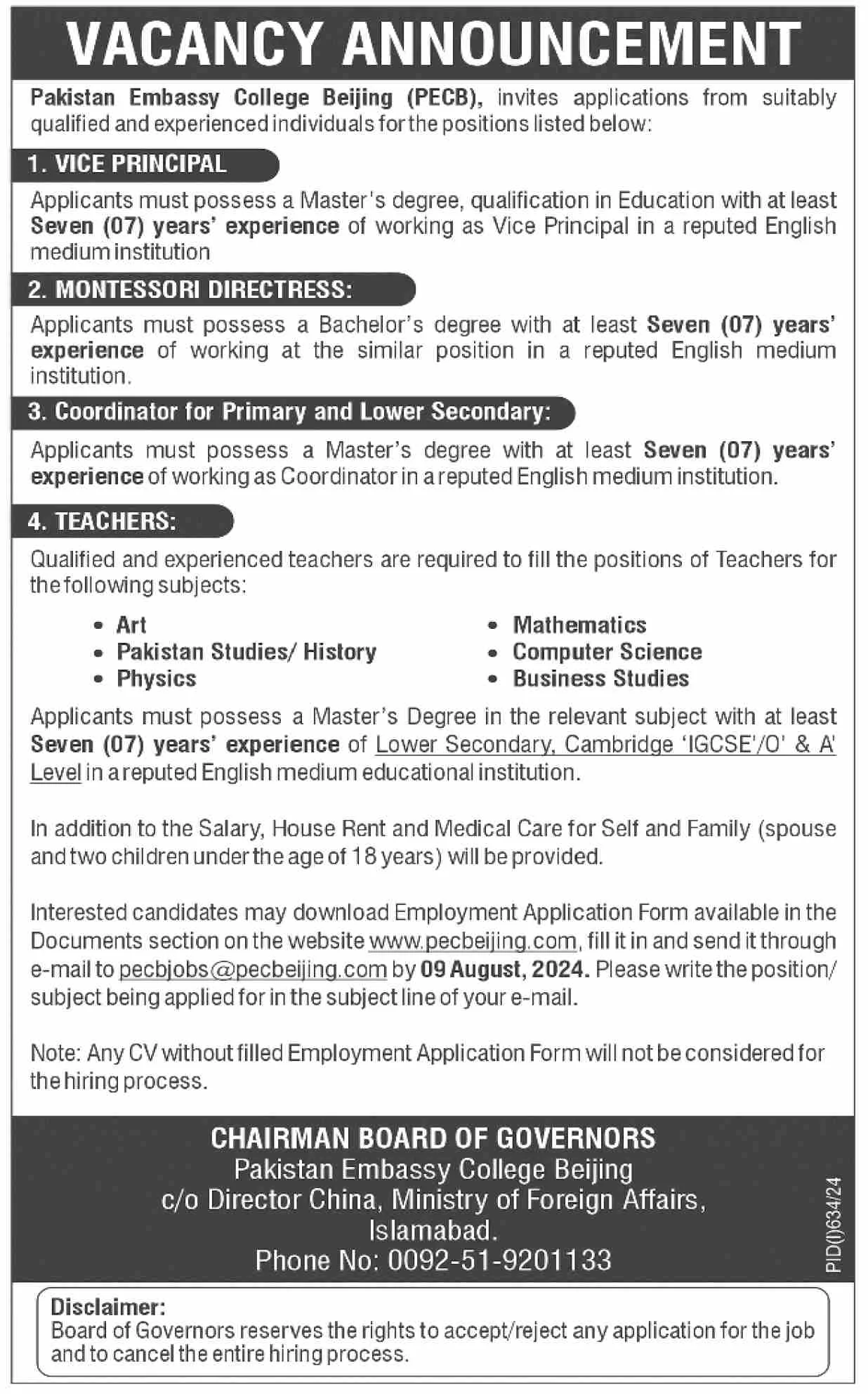 Pakistan Embassy College Beijing (PECB) Jobs