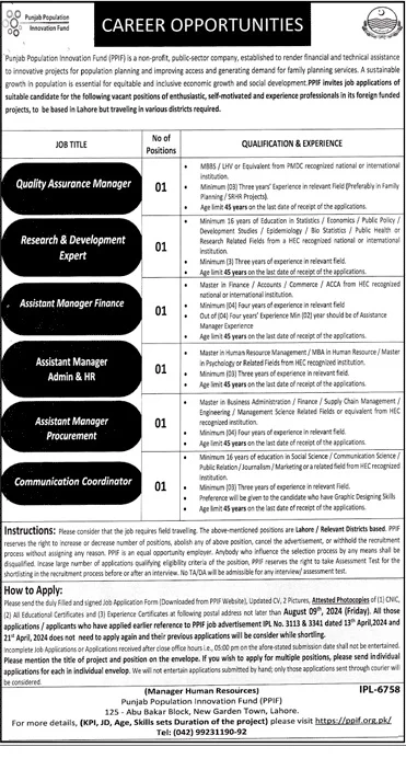  Punjab Population Innovation Fund Jobs 2024|Online Apply