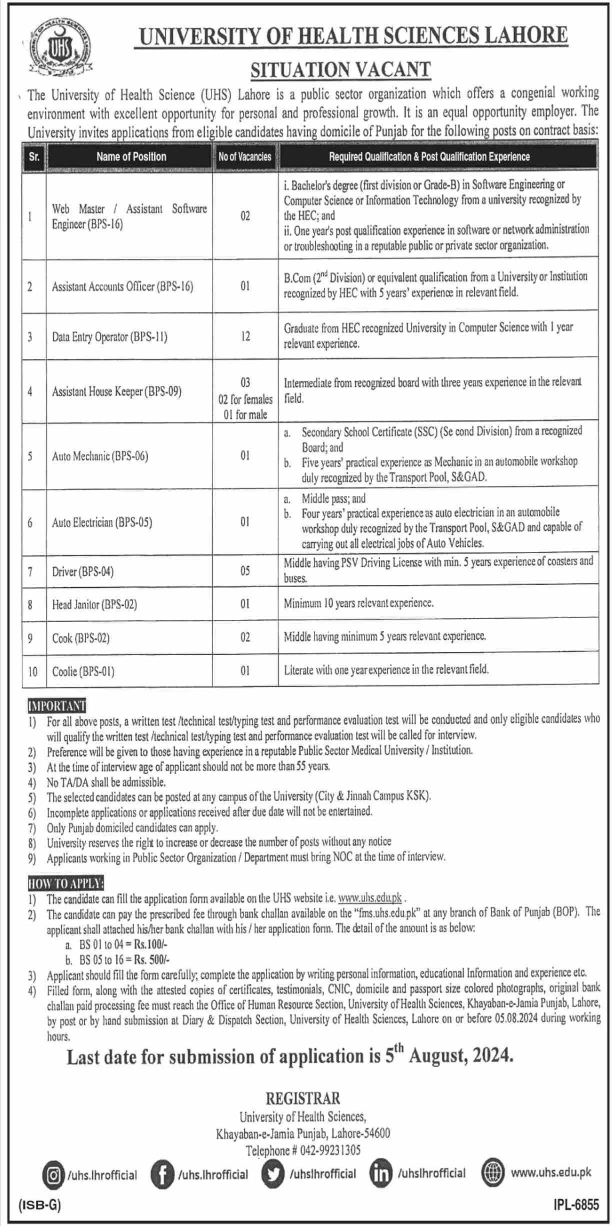 University Health Sciences Lahore Jobs 2024|Onlinee Apply