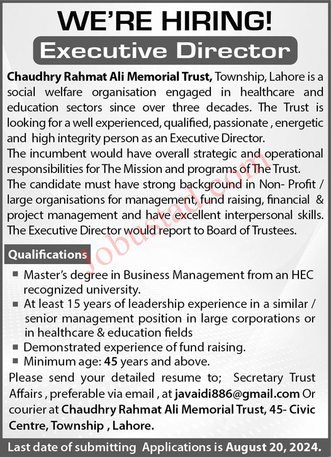 CH Rehmat Ali Memorial Trust Jobs in Lahore August 2024