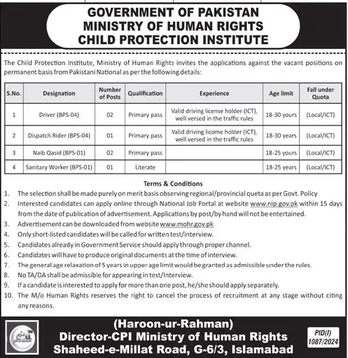 Ministry Of Human Rights Child Protection Institute Jobs