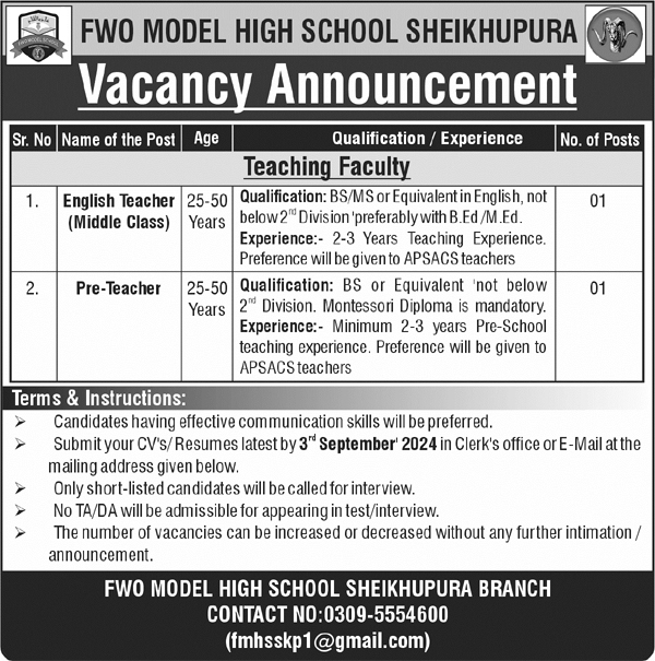 FWO Model High School jobs