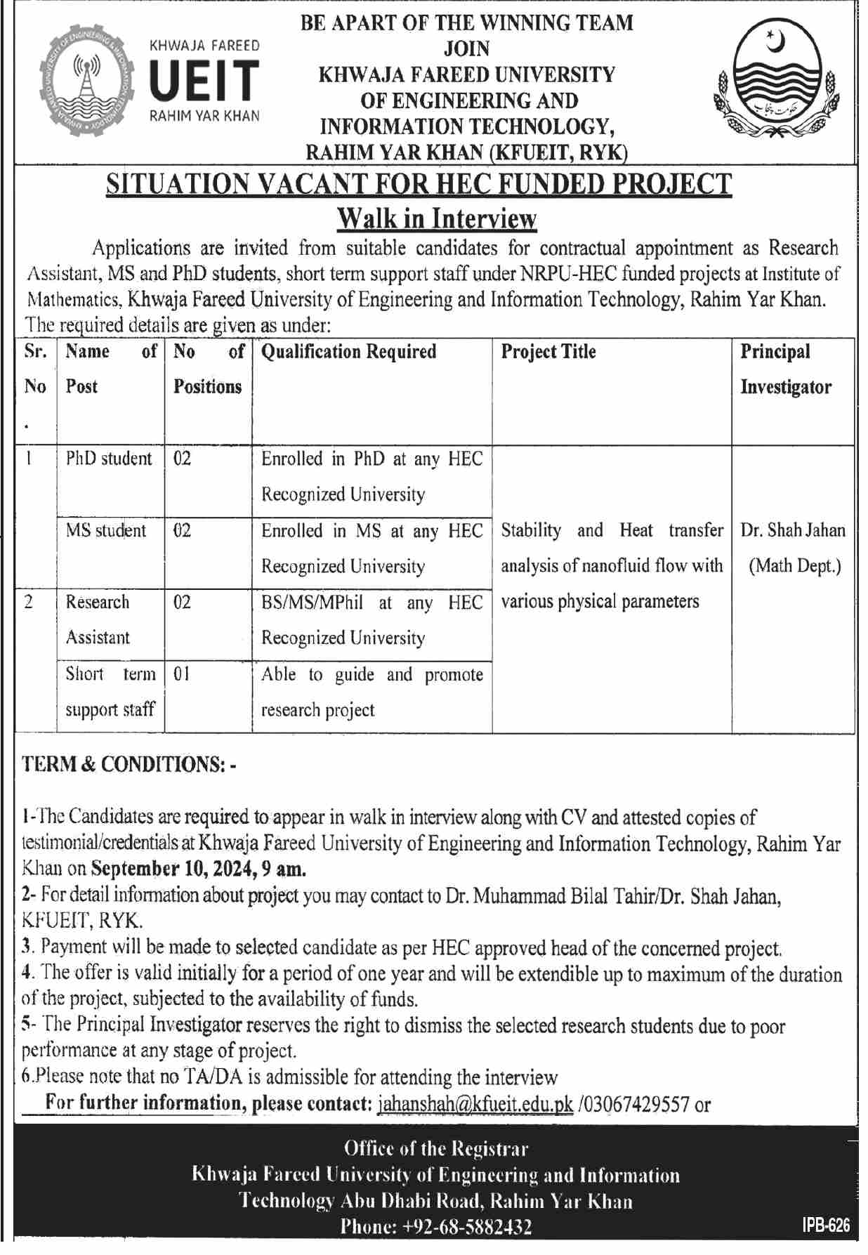 Khawaja Fareed University of Engineering and Information Technology Jobs