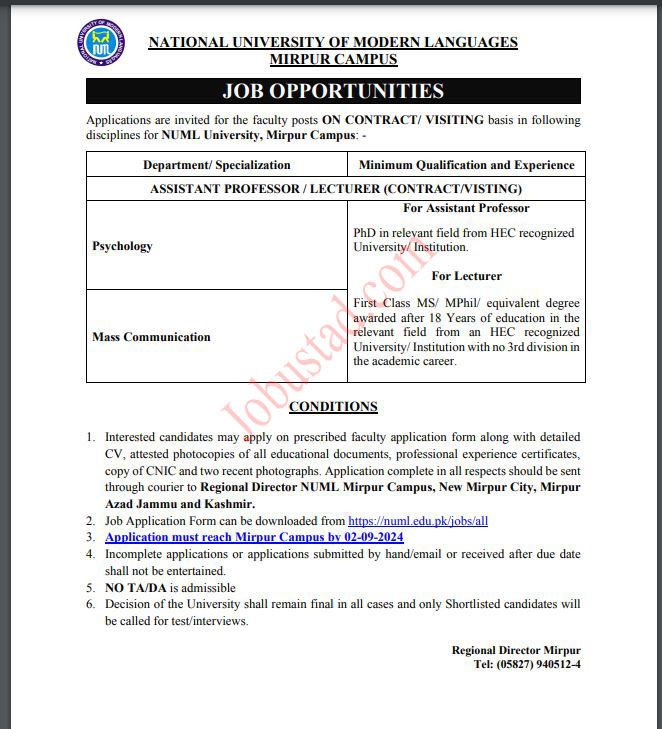 Latest NUML Jobs in Mirpur Campus August 2024