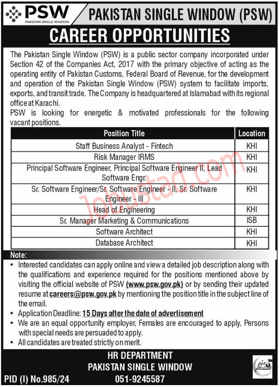 Latest Pakistan Single Window PSW Jobs in Karachi August 2024