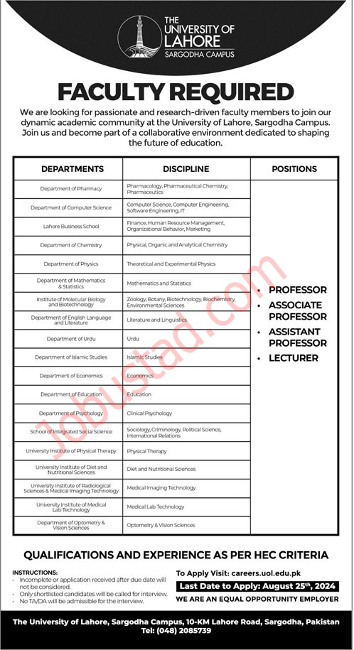 Latest University of Lahore UOL Jobs August 2024