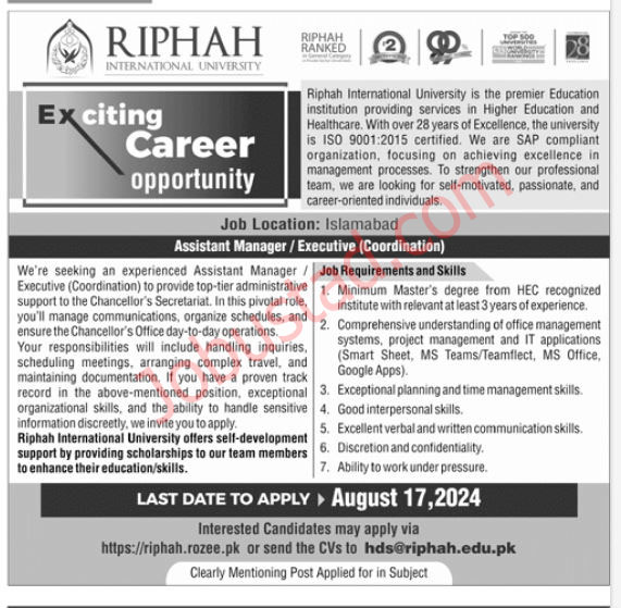 New Riphah International University Jobs in Islamabad August 2024