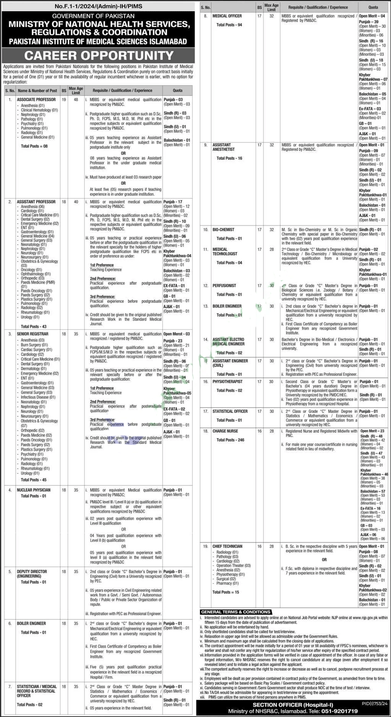 Pakistan Institute of Medical Sciences PIMS Jobs Advertisement