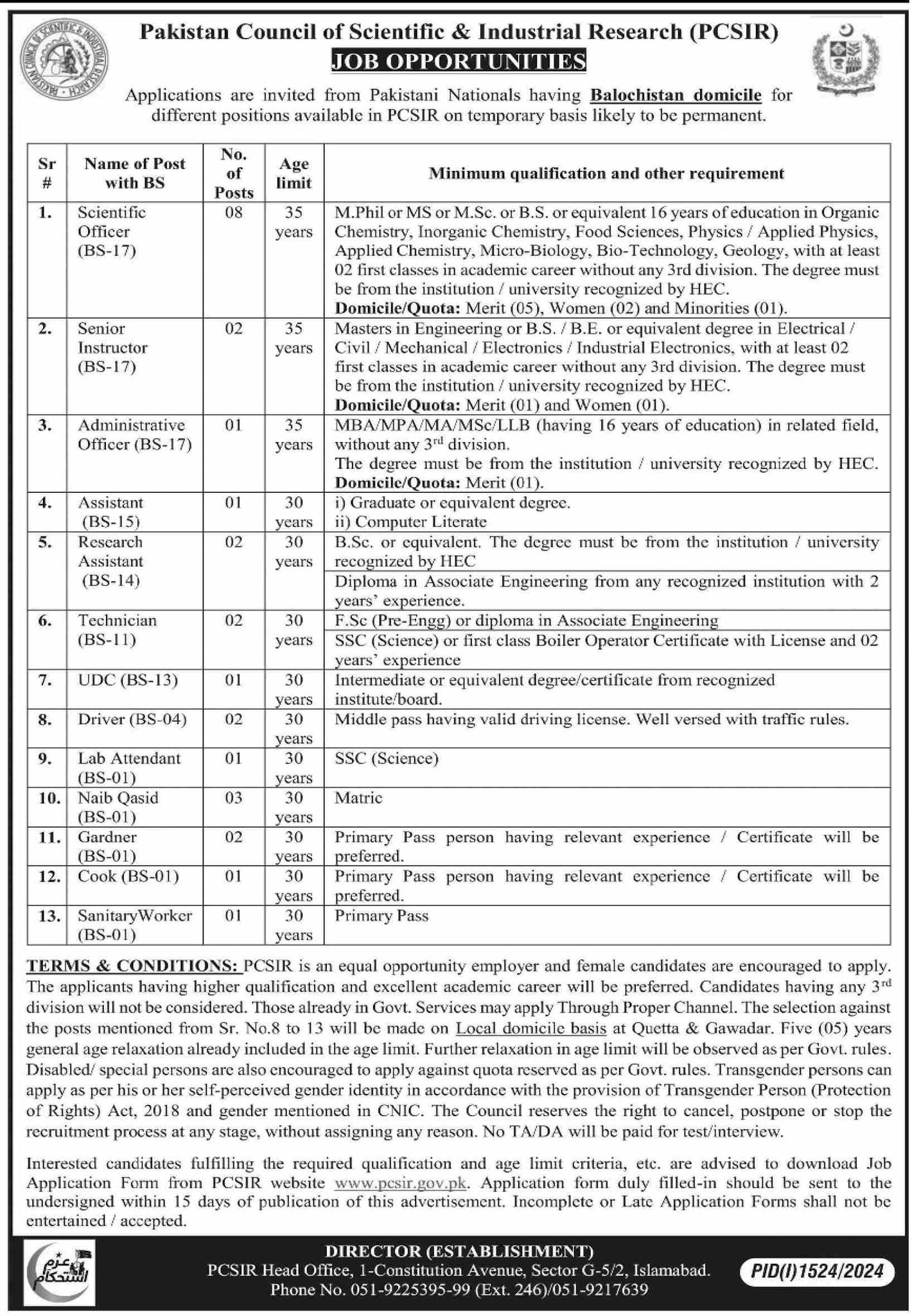 Pakistan Council of Scientific Industrial Research Jobs 2024| Online Apply