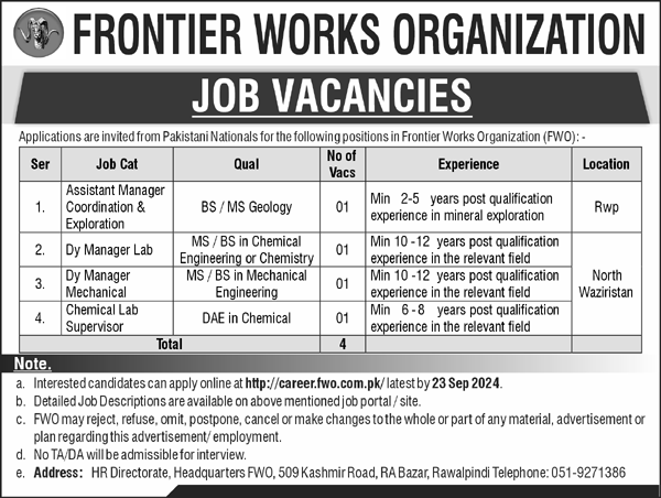 Frontier Works Organization (FWO) Jobs 