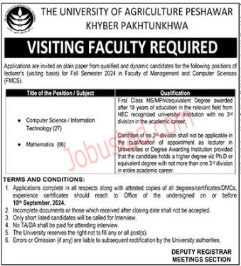 New University of Agriculture Jobs in Peshawar September 2024