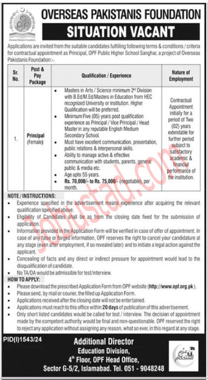 Overseas Pakistanis Foundation Jobs in Islamabad September 2024