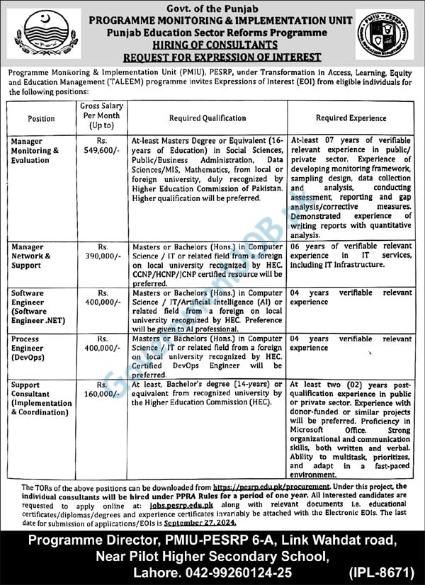 Punjab Education Sector Reforms Program (PESRP) Jobs 